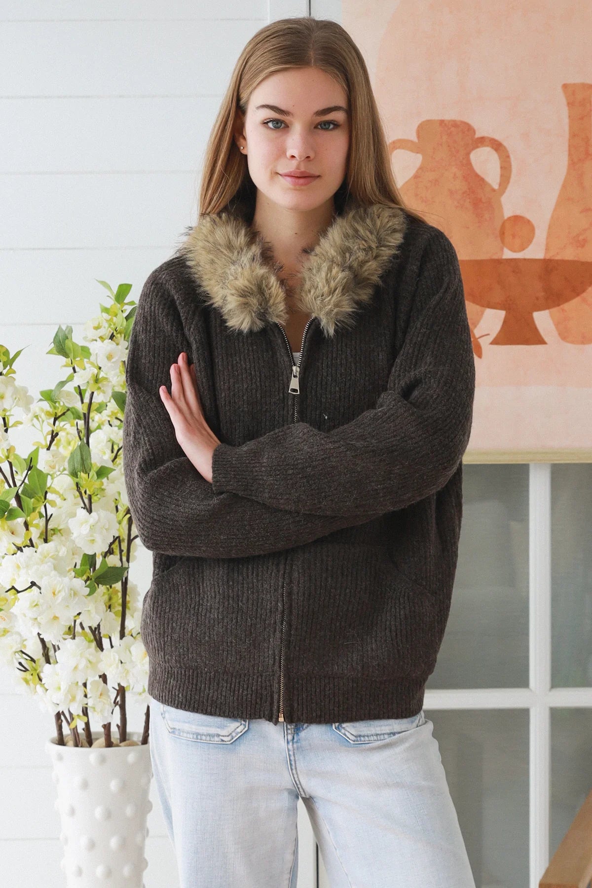 Aspen Faux Fur Zip Knit Jacket – Chocolate