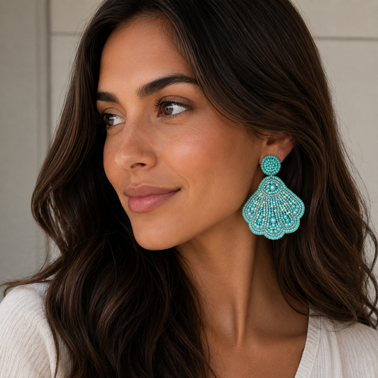 Sea Shell Beaded Earrings - Light Blue