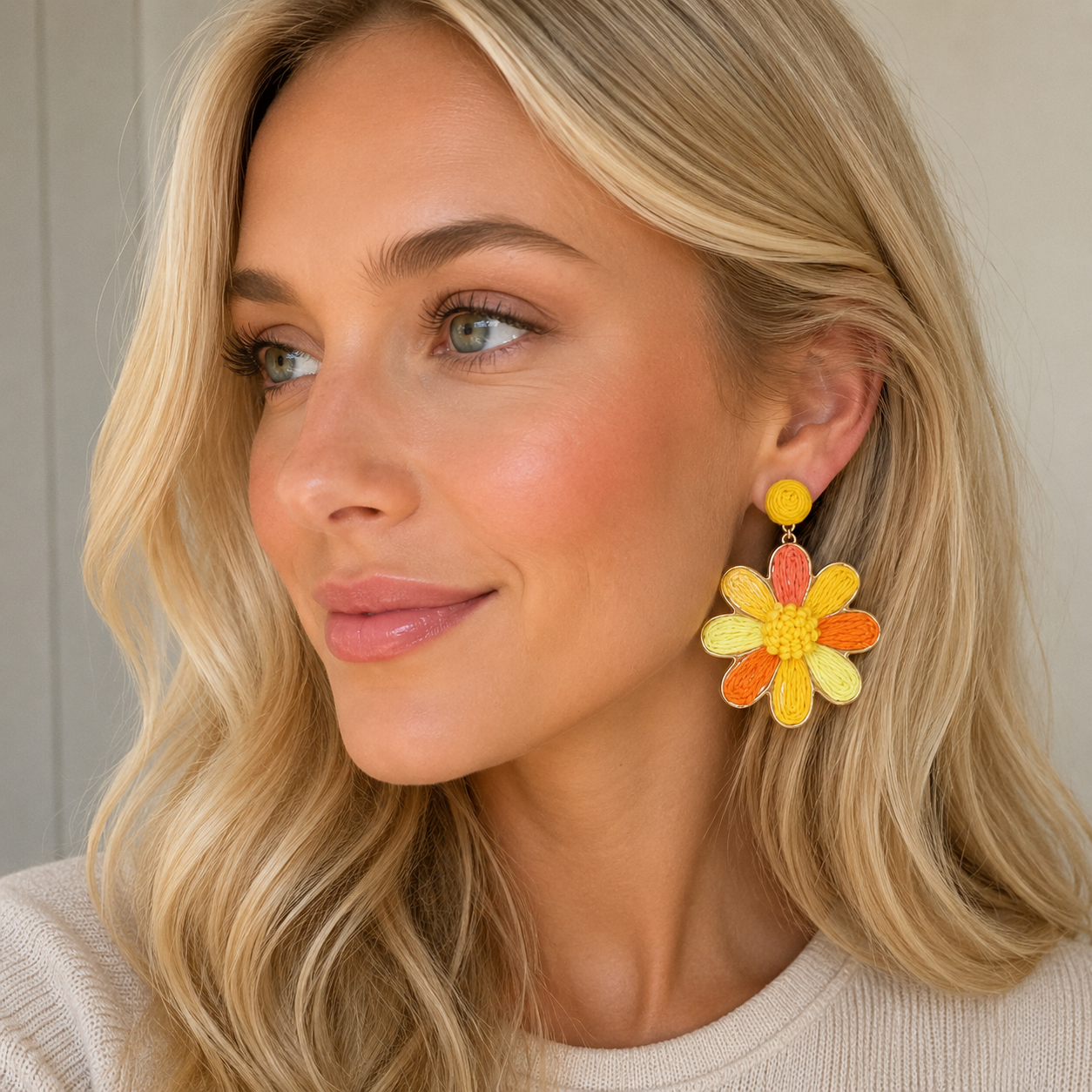 Daisy Delight Raffia Earrings - Yellow + Orange