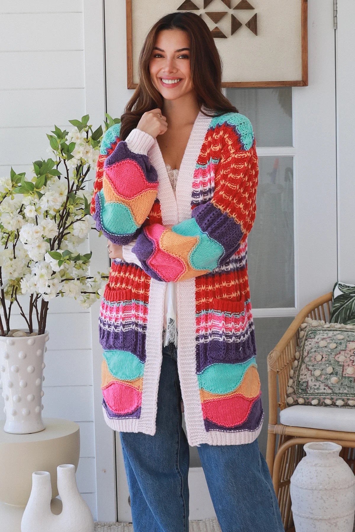 Rainbow Patchwork Knit Cardigan