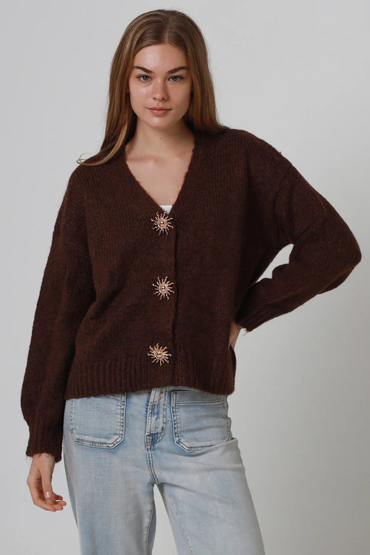 Celeste Jewel Button Cardigan – Chocolate