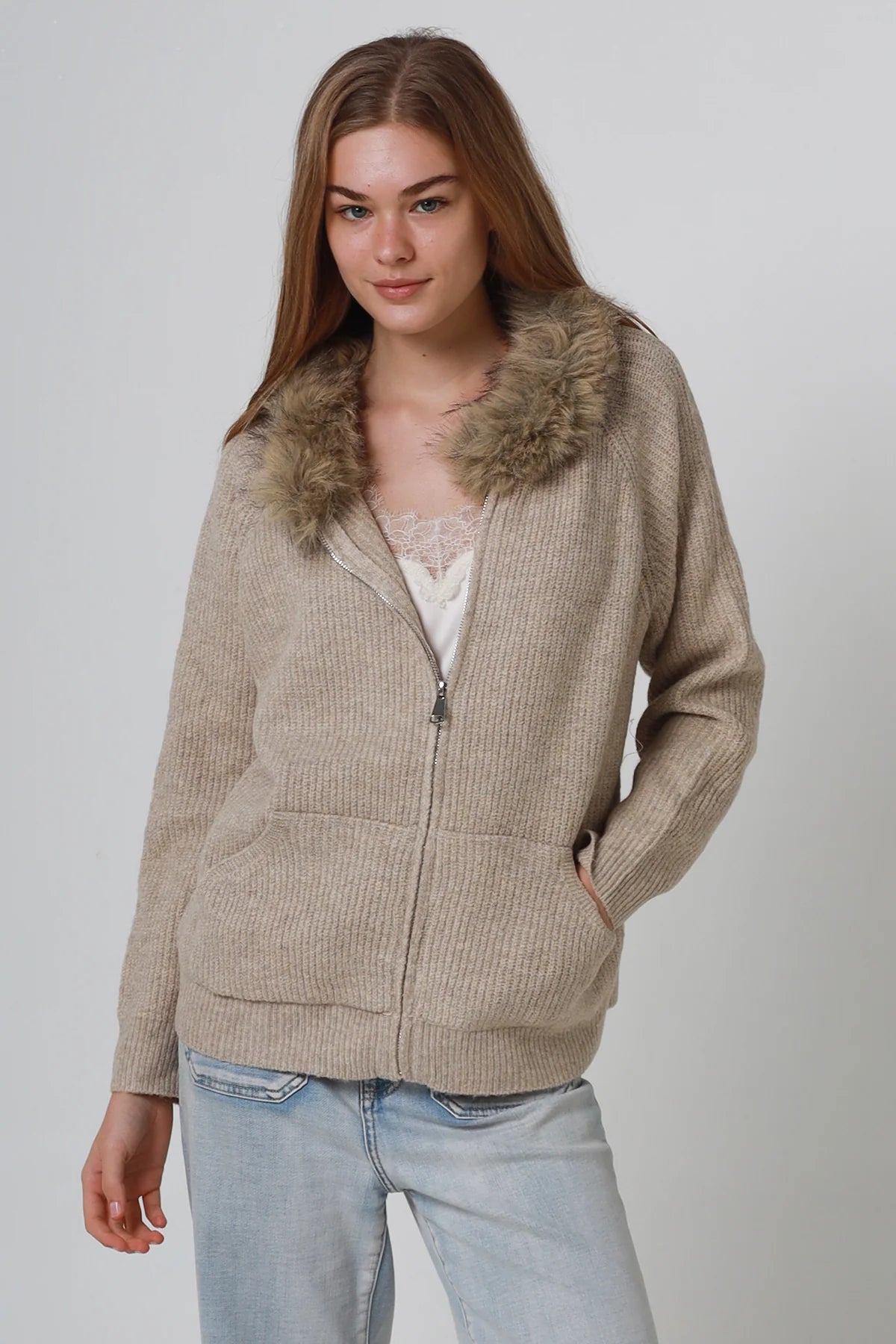 Aspen Faux Fur Zip Knit Jacket – Oatmeal