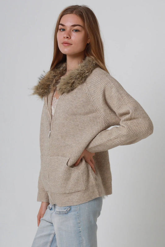 Aspen Faux Fur Zip Knit Jacket – Oatmeal