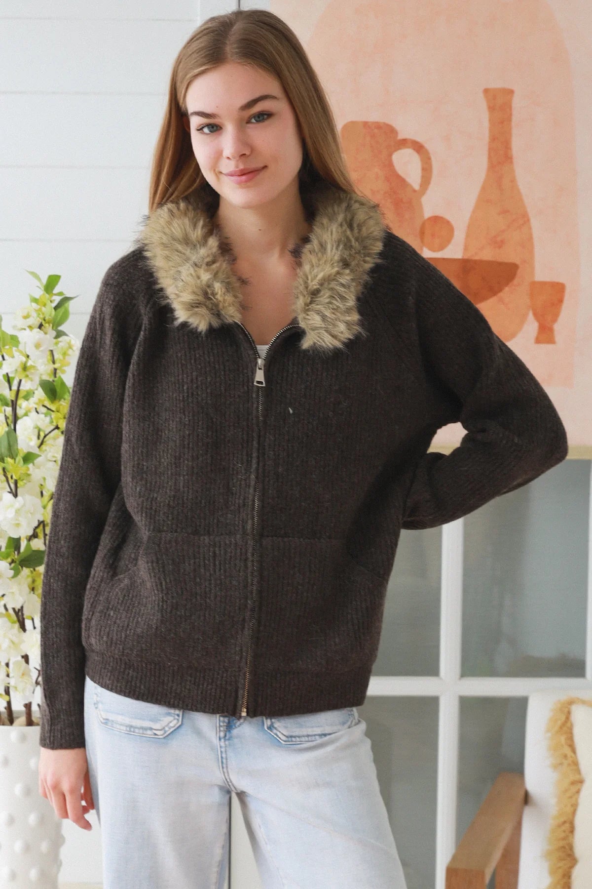 Aspen Faux Fur Zip Knit Jacket – Chocolate