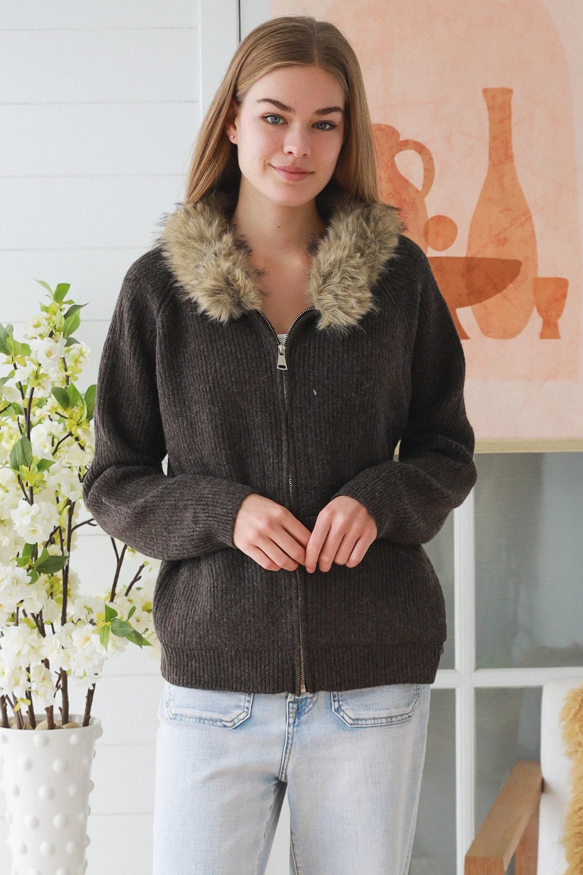 Aspen Faux Fur Zip Knit Jacket – Chocolate