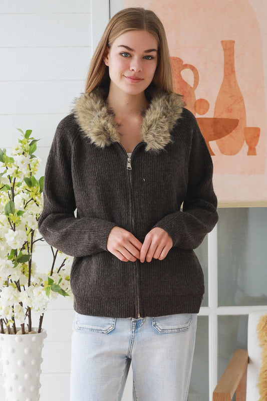 Aspen Faux Fur Zip Knit Jacket – Chocolate