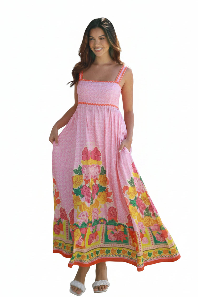Sunlit Meadow Bloom Maxi Dress – Pink Floral