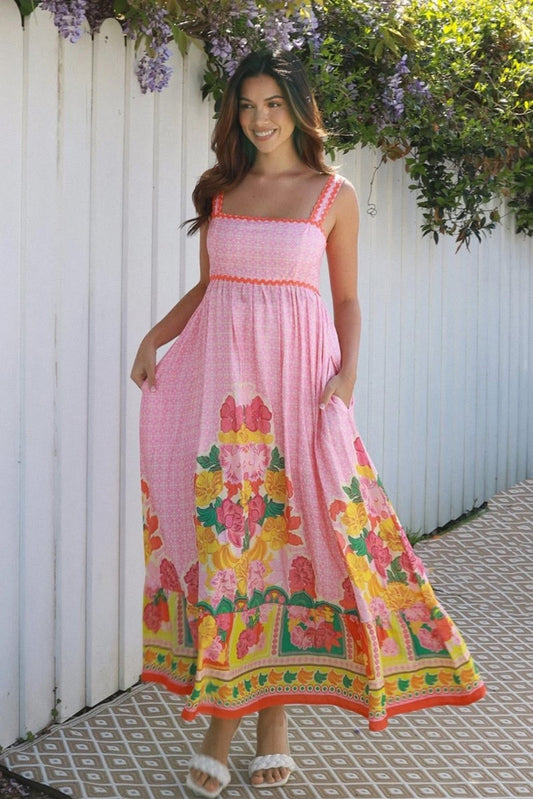 Sunlit Meadow Bloom Maxi Dress – Pink Floral