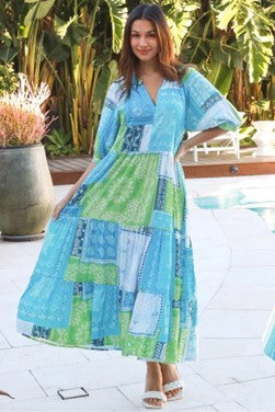 Averne Patchwork Midi Dress – Azure Mosaic