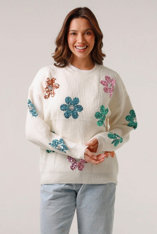 Snow Bloom Sequin Knit Sweater