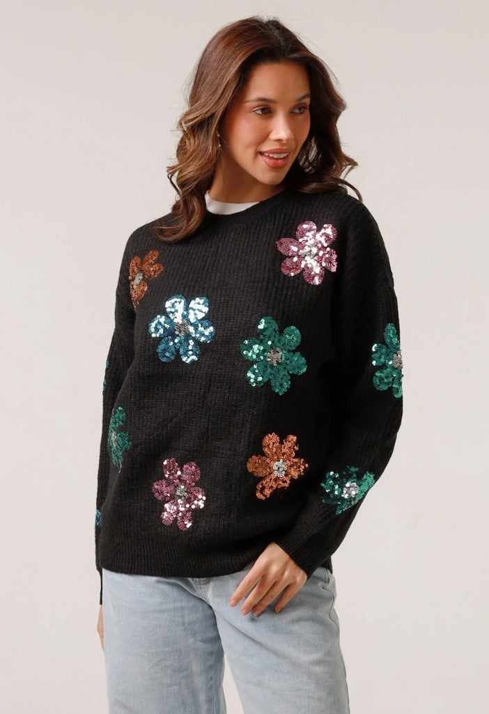 Midnight Bloom Sequin Knit Sweater